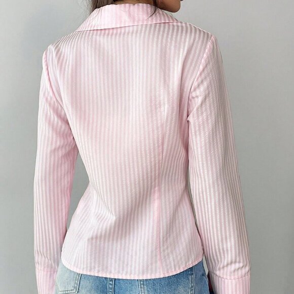Pink Casual Women's Striped Print Front Button Long Sleeve Shirt - Picture 2 of 6